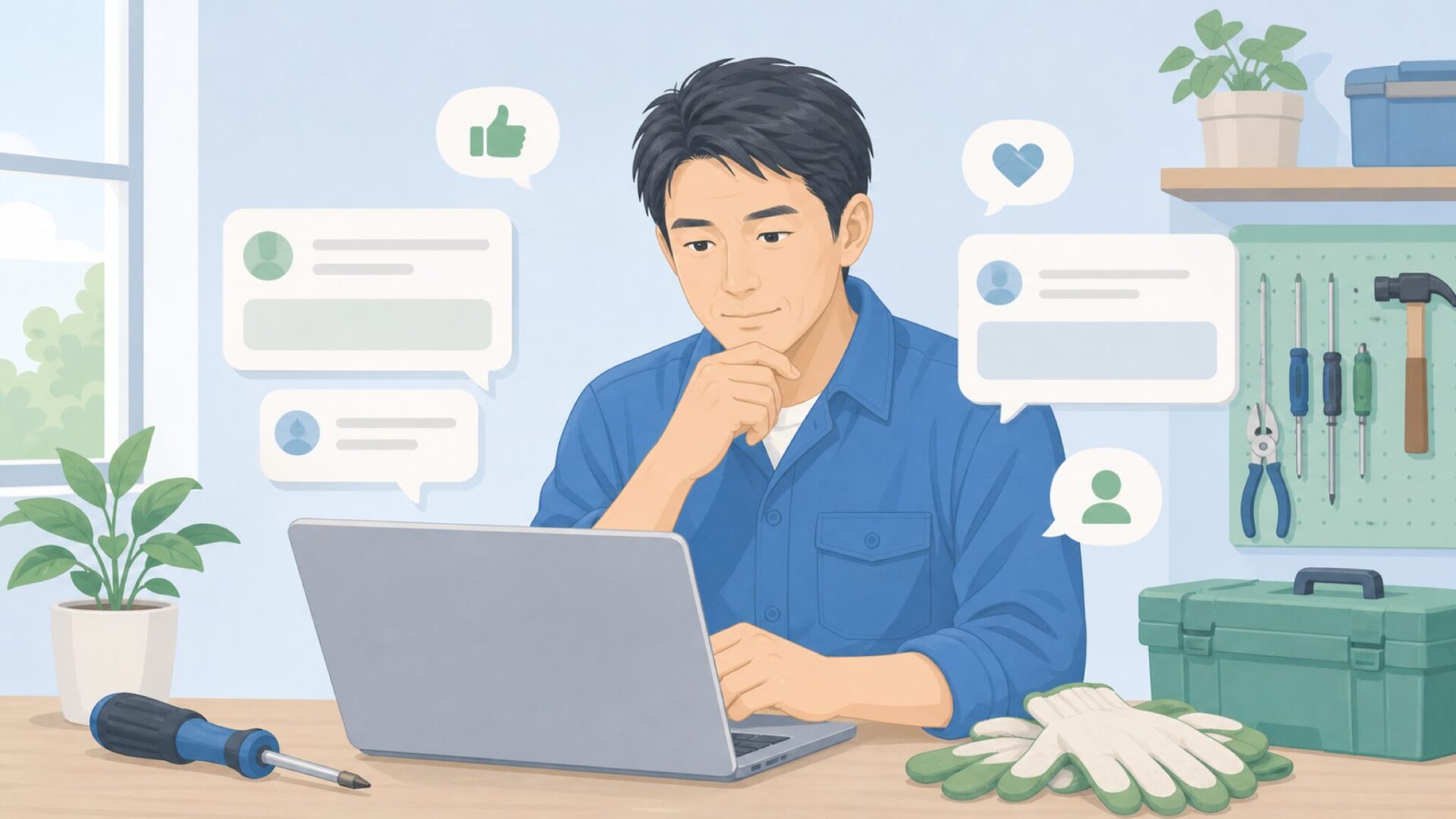 口コミを確認しながら工具を見る男性