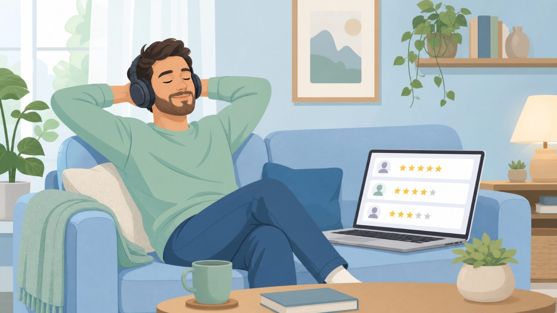 ヘッドホンを使いながら満足した表情の男性のイラスト