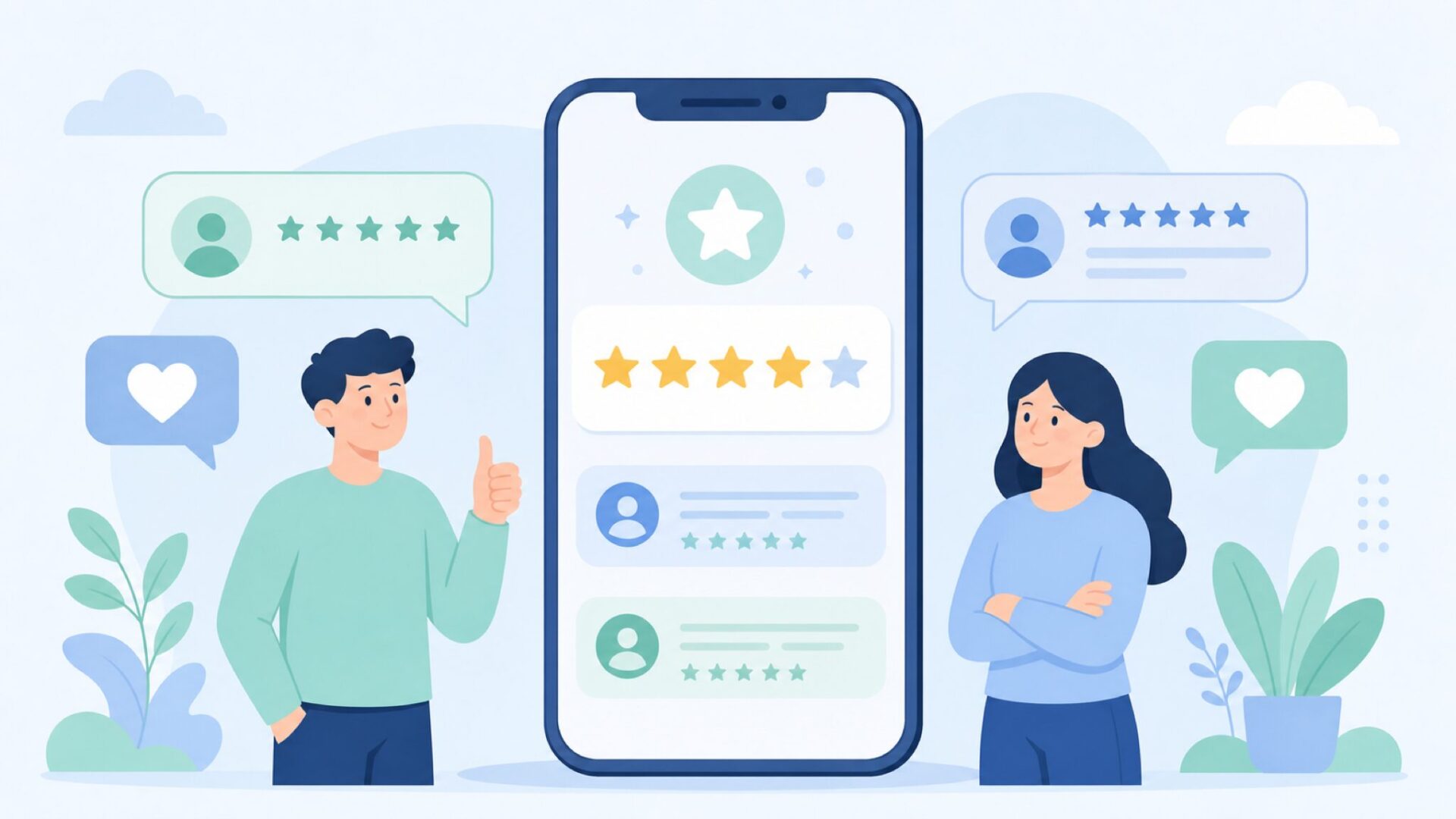 スマートフォンのレビューと評価を見るユーザーのイラスト
