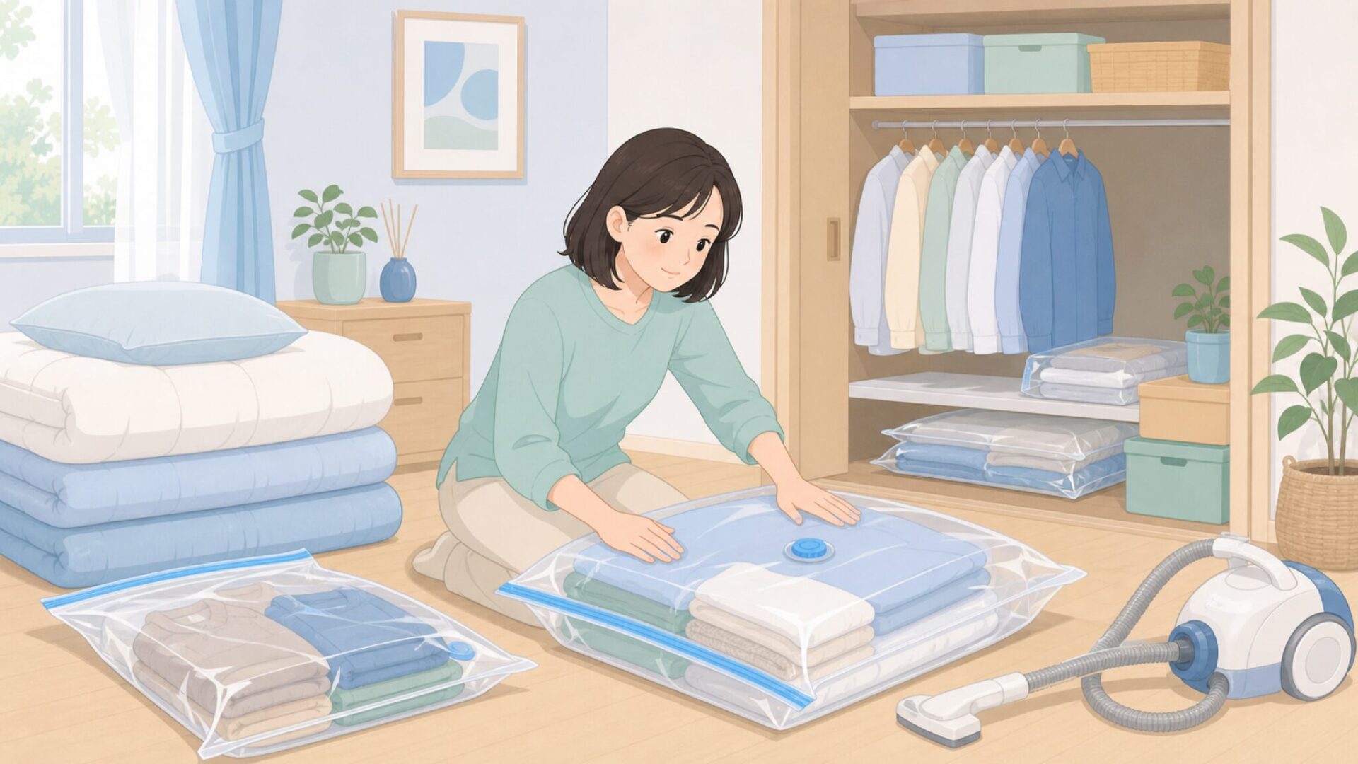 布団や衣類を圧縮袋で収納する場面