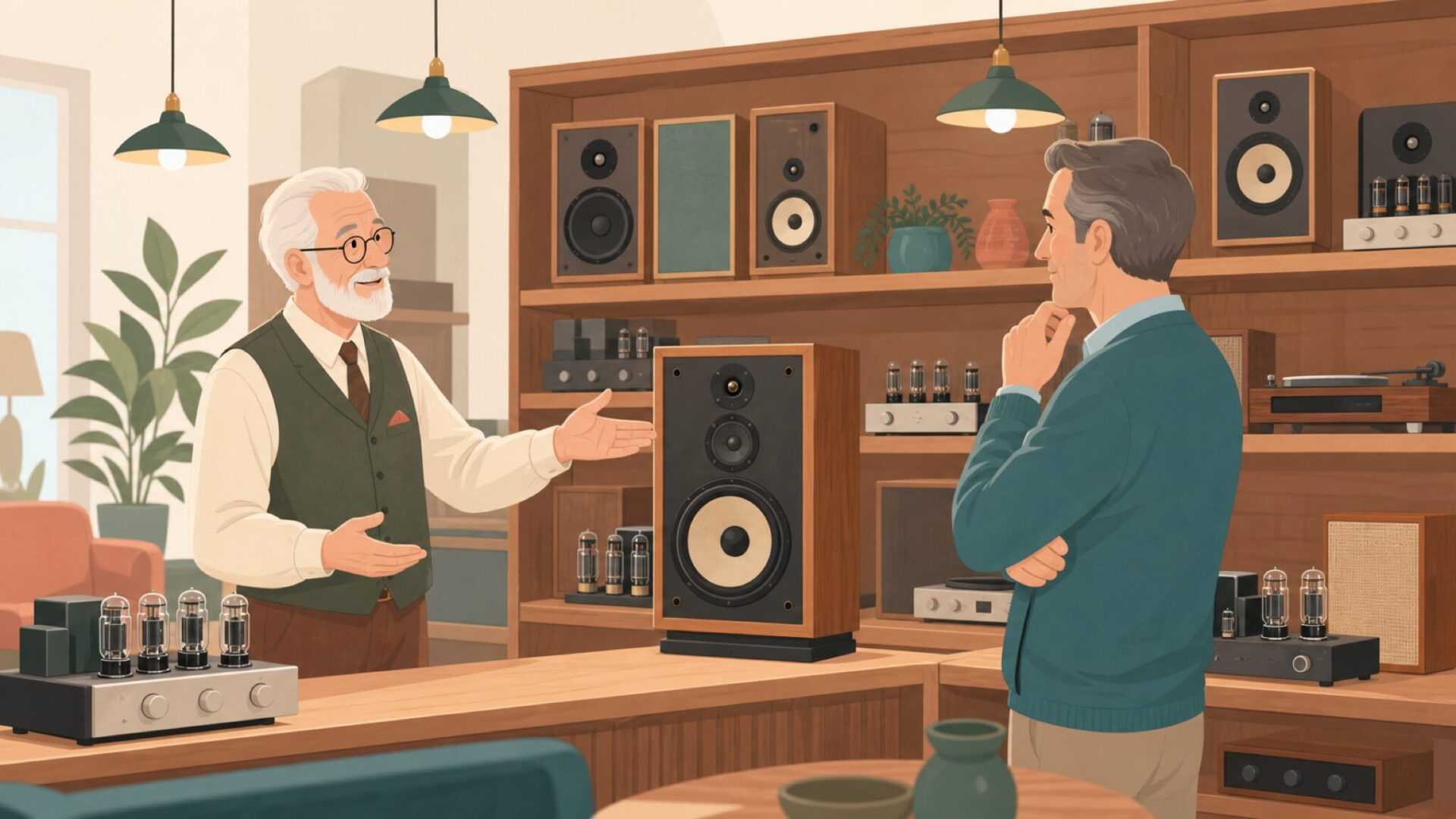 ヴィンテージオーディオショップで店主と話す客のイラスト