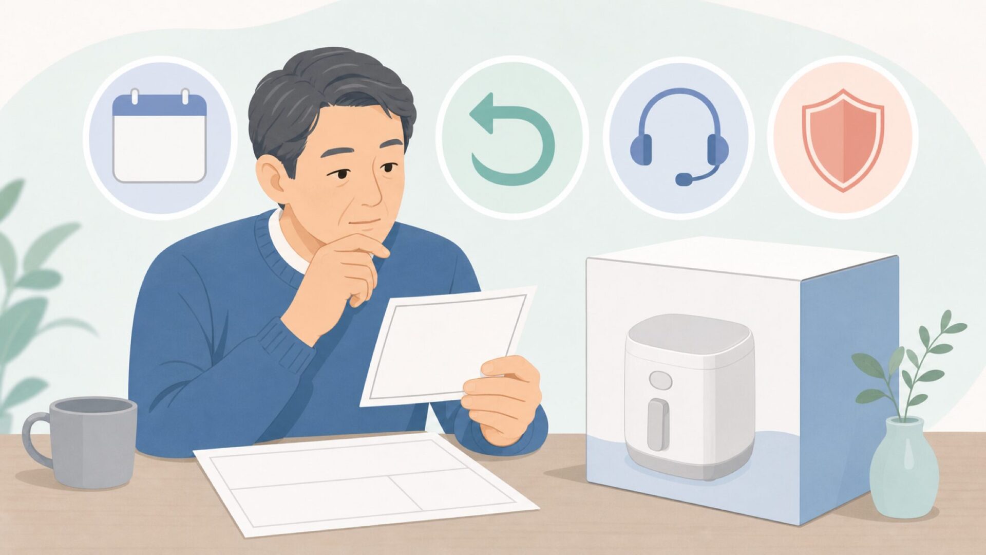 保証書と返品条件を購入前に確認する様子