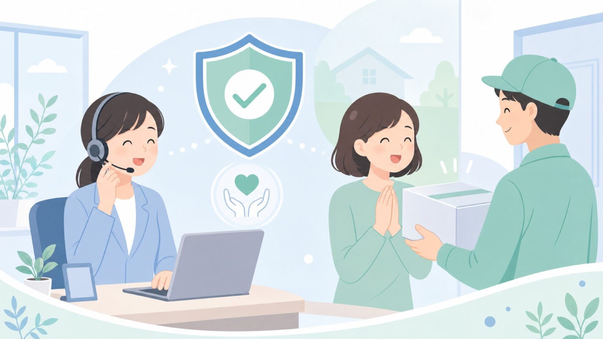 保証対応と日本語サポートを表すカスタマーサービスのイラスト