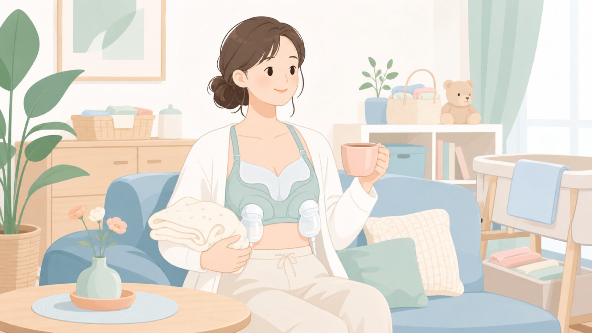 ハンズフリー搾乳機を使う母親のイラスト