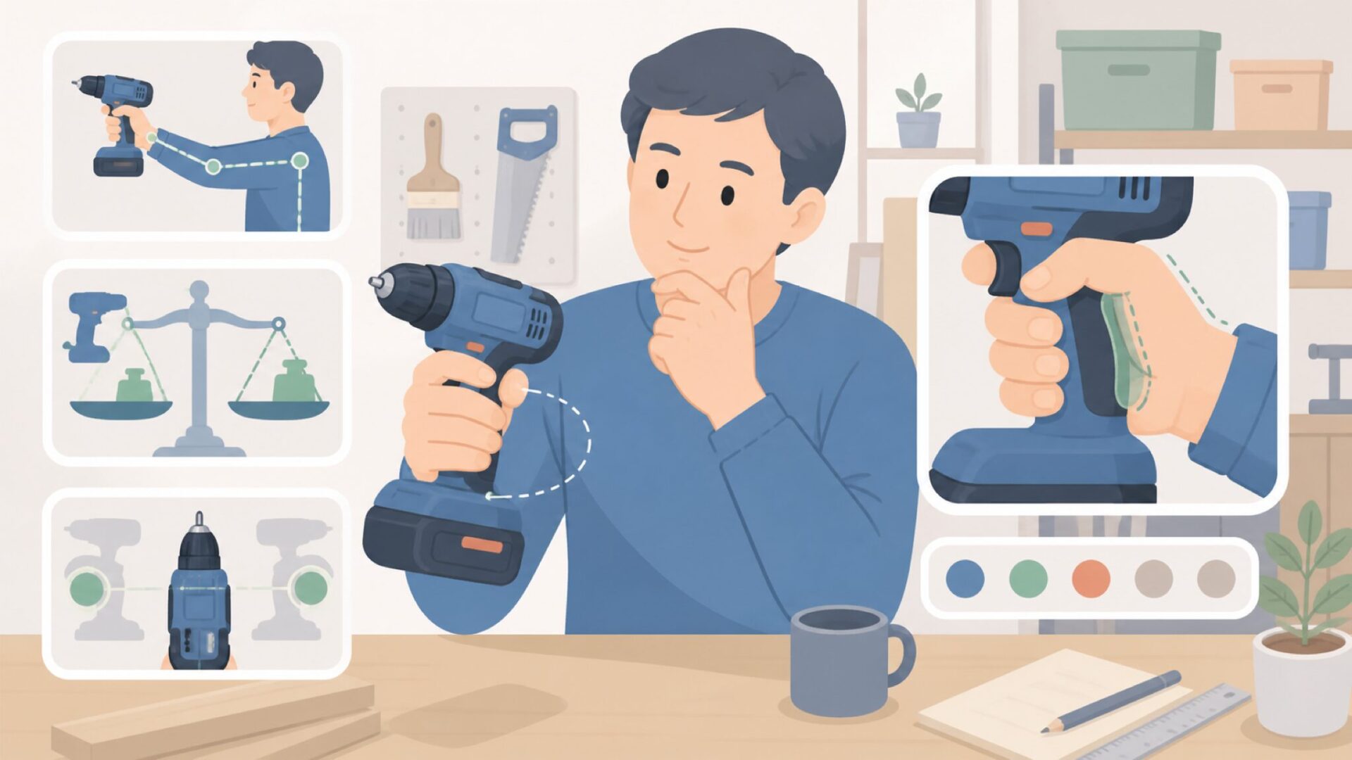 電動工具の重さと持ちやすさを確かめる人
