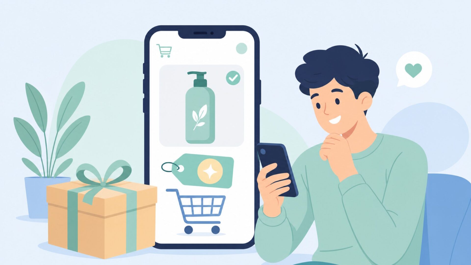 スマートフォンでオンラインショッピングをする男性のイラスト