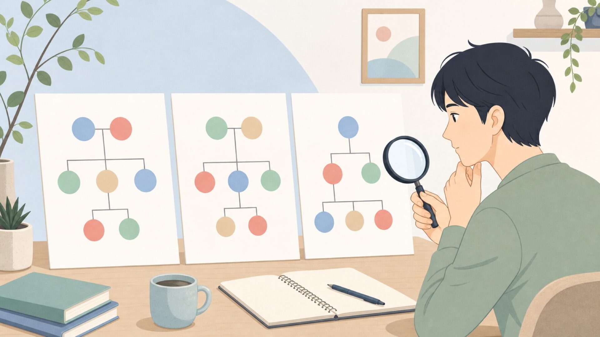 類義語の違いを図で比べる人物のイラスト