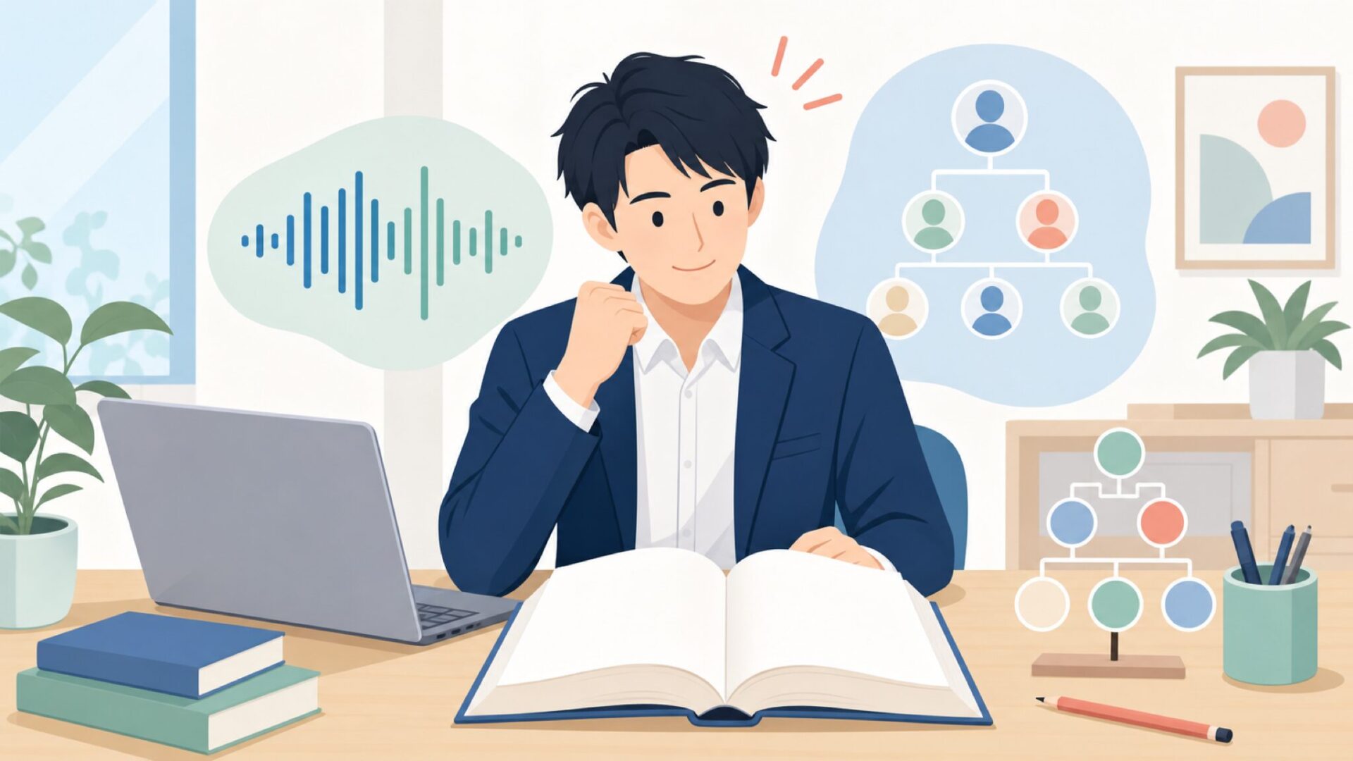 辞書で英単語の意味を確認する人物のイラスト