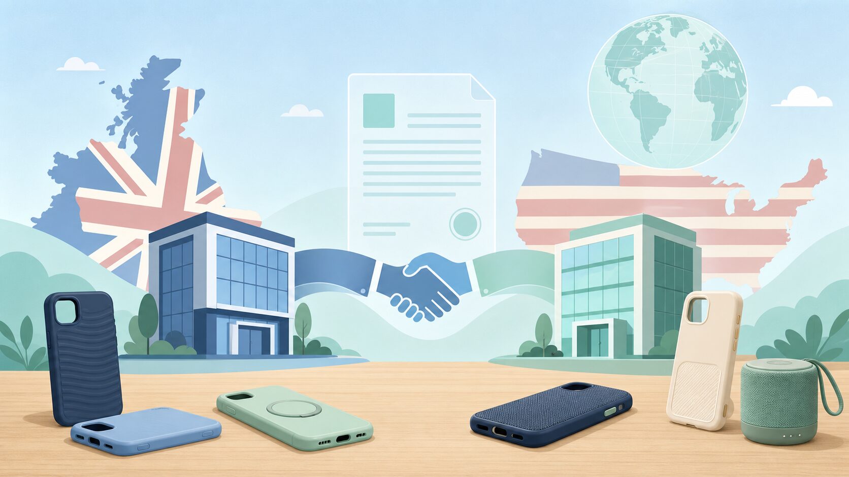 米英の企業合併を象徴する握手とビル群のイラスト