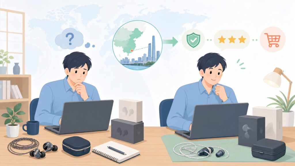 Kiwi Earsはどこの国？深圳発HiFiブランドが信頼できる理由と選び方の要点を表すイラスト