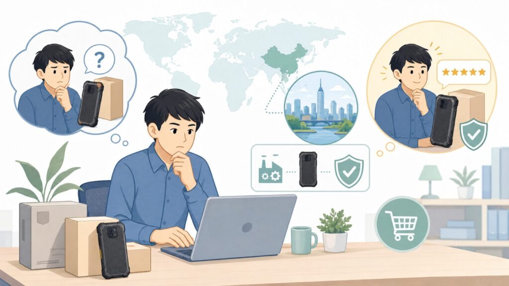 AGM Mobileはどこの国?中国・深圳発タフネスブランドの実力と安心材料の要点を表すイラスト