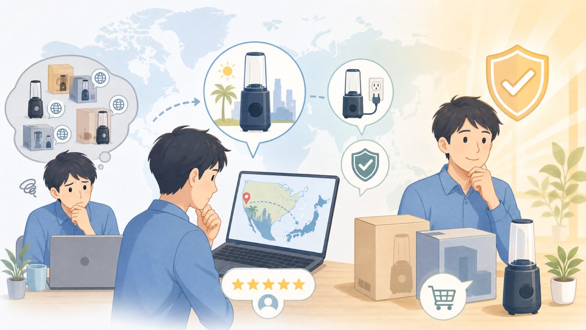 Magic Bulletはどこの国？アメリカ発の正規品を安心購入ガイドの要点を表すイラスト