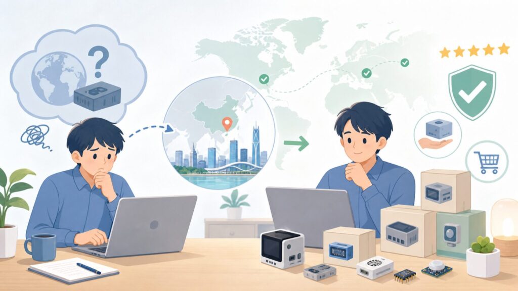 M5Stackはどこの国？中国・深圳発メーカーの正体と安心して使える理由の要点を表すイラスト