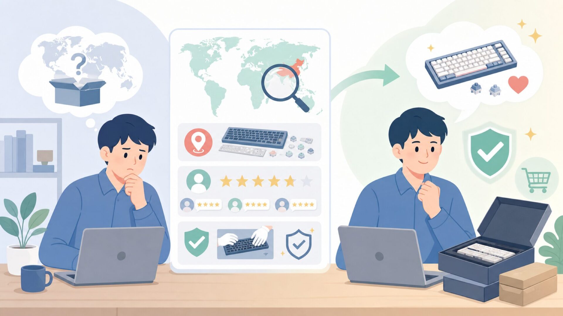 Wuque Studioはどこの国？中国発キーボードブランドの実力と評判の要点を表すイラスト