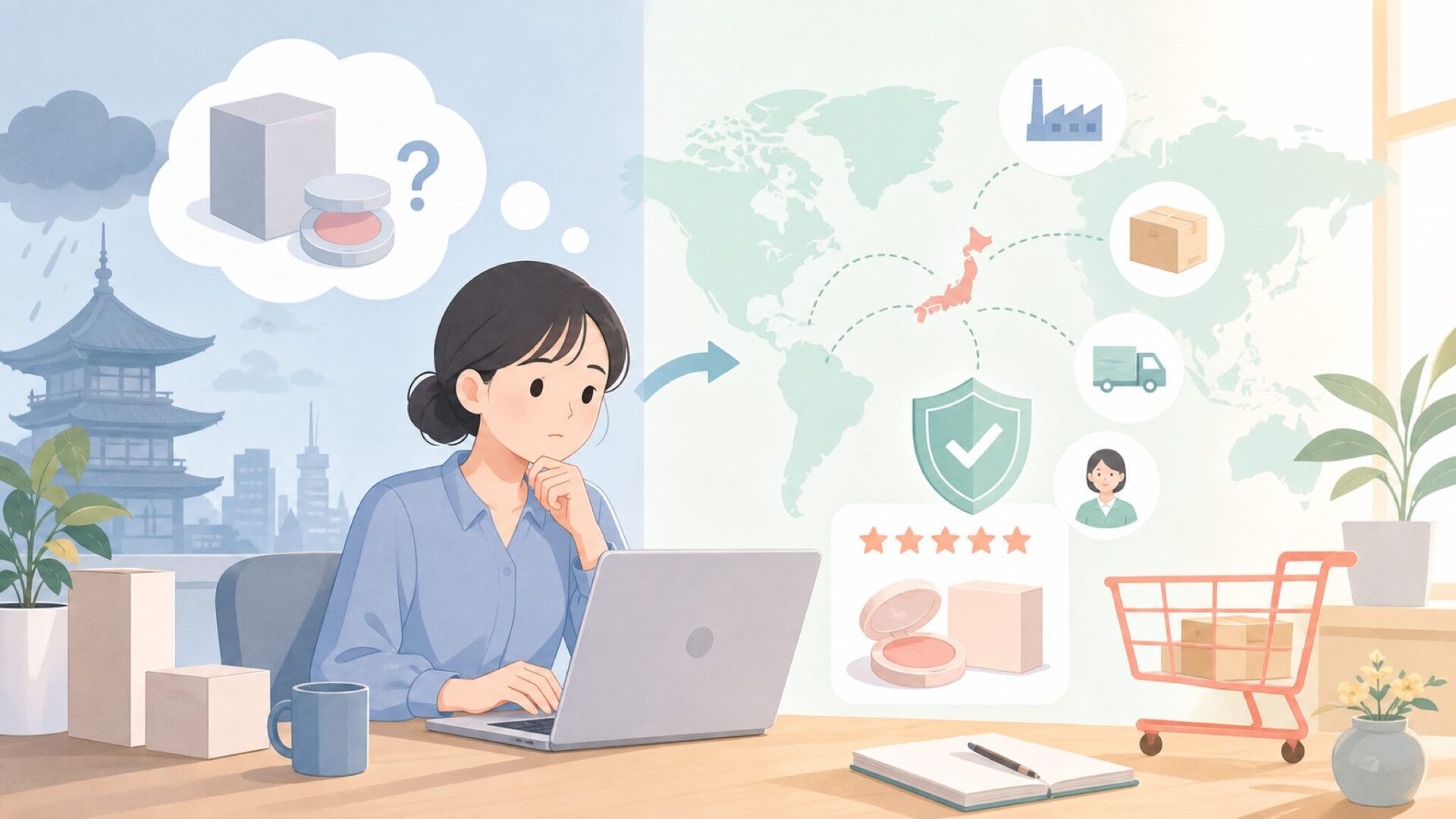 Meariはどこの国のブランド?メアリチークの運営元を購入前にチェックの要点を表すイラスト