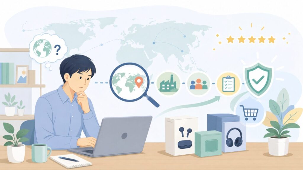 EarMenはどこの国？母体企業と信頼性を一枚で解説の要点を表すイラスト
