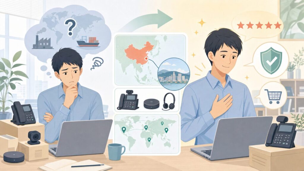 Yealinkはどこの国のメーカー？中国・厦門の実力を徹底解説の要点を表すイラスト