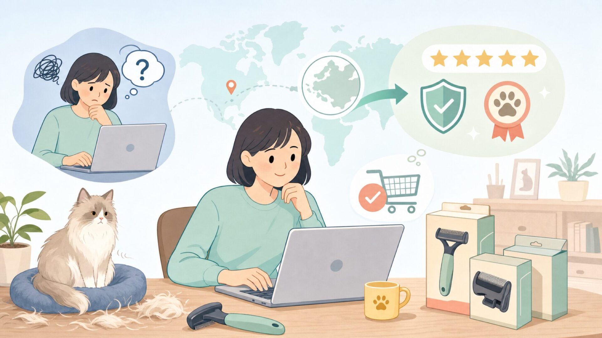 FURminatorはどこの国？アメリカ発メーカーと正規品の選び方の要点を表すイラスト