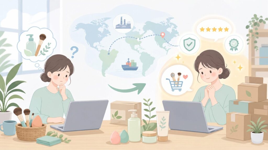 EcoToolsはどこの国？アメリカ本社・製造の実態と安心して買う全ガイドの要点を表すイラスト