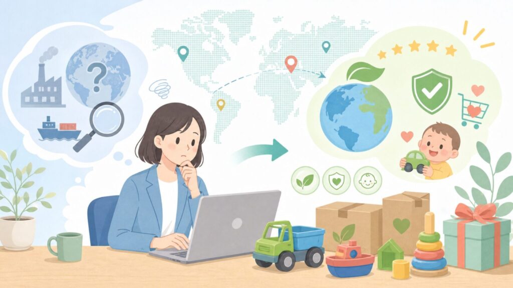 Green Toysはどこの国？アメリカ発エコおもちゃの安全性と実態の要点を表すイラスト