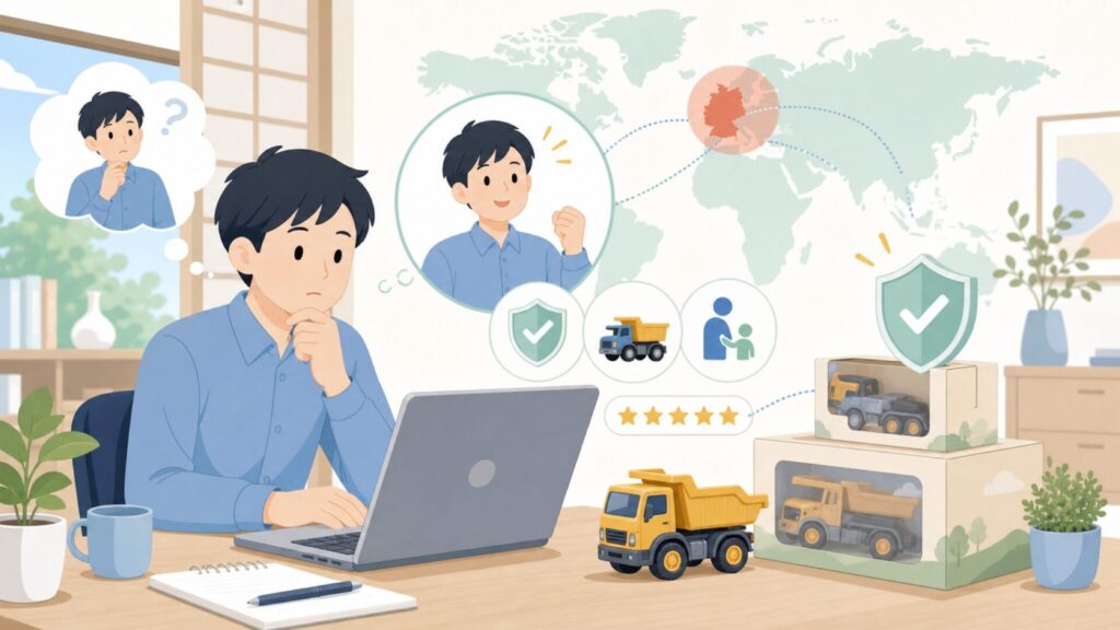 Bruderはどこの国のおもちゃ？ドイツ生まれの精密玩具を徹底解説の要点を表すイラスト