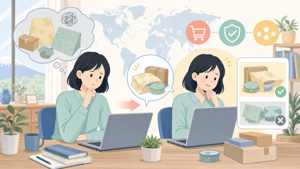 Bee's Wrapはどこの国？アメリカ生まれの本物と類似品の見分け方の要点を表すイラスト