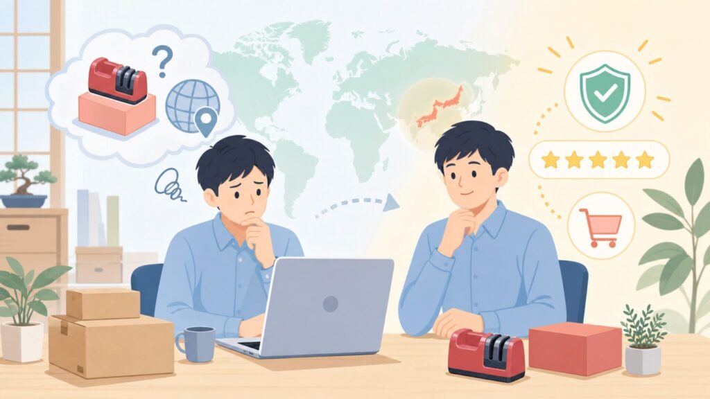 AnySharpはどこの国のブランド？UK発の実力と日本での買い方の要点を表すイラスト