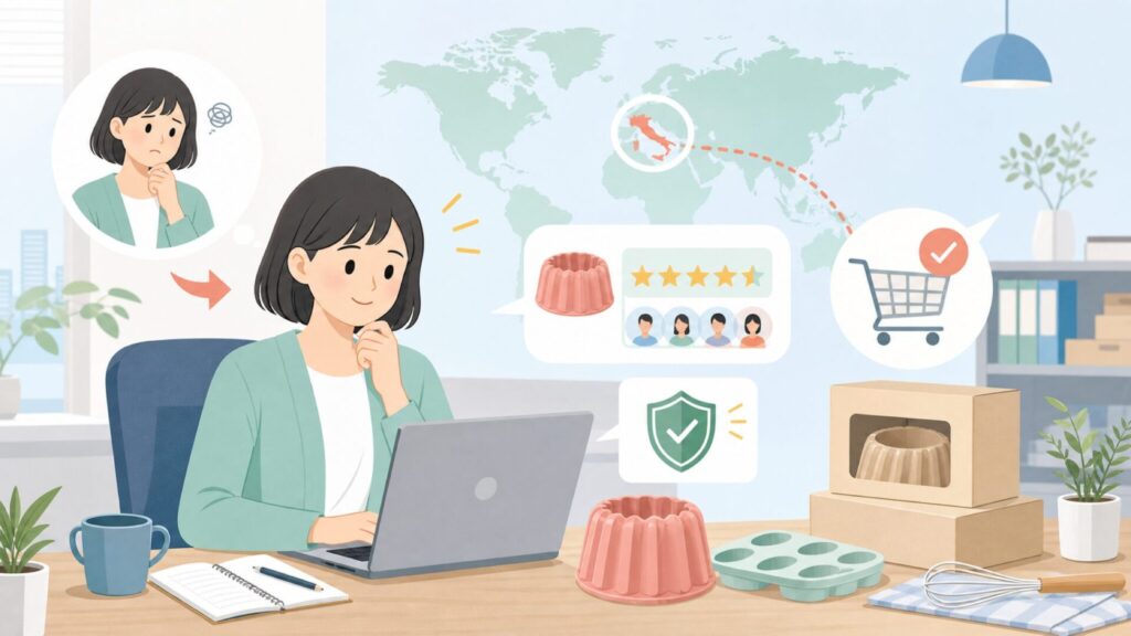 Silikomart どこの国？イタリア発製菓型ブランドの信頼性と購入先まとめの要点を表すイラスト
