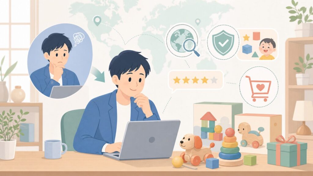 HABAおもちゃはどこの国？ドイツ生まれの安全性と年齢別おすすめ商品ガイドの要点を表すイラスト