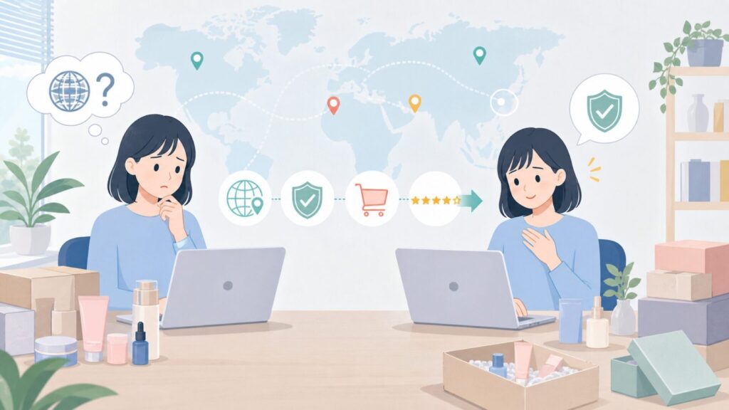 W7 Cosmeticsはどこの国？正規代理店・人気商品・購入先まとめの要点を表すイラスト