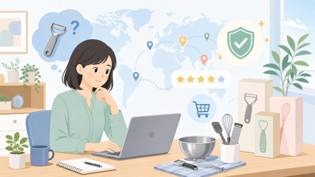 Cuisiproはどこの国？創業40年カナダブランドの品質と通販での選び方の要点を表すイラスト