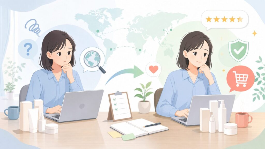 メディキューブはどこの国？韓国発の実態・怪しい噂の真相・人気商品を解説の要点を表すイラスト