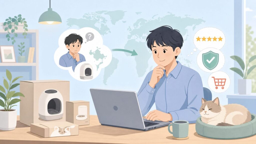 PetSnowyはどこの国？米国発スマートペット家電ブランドの正体と安心感の要点を表すイラスト
