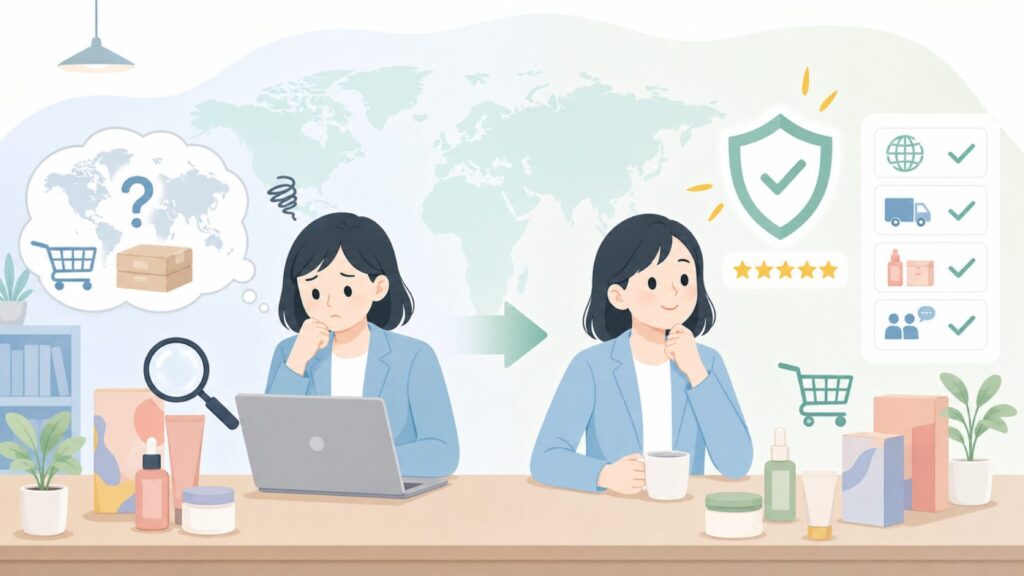 Good Moleculesはどこの国？安心購入のための信頼性と注意点ガイドの要点を表すイラスト