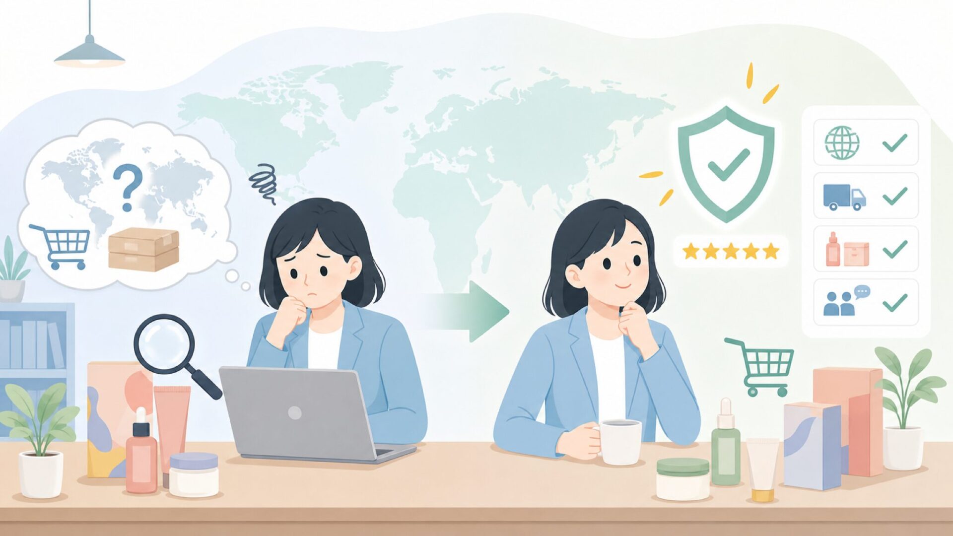Good Moleculesはどこの国？安心購入のための信頼性と注意点ガイドの要点を表すイラスト