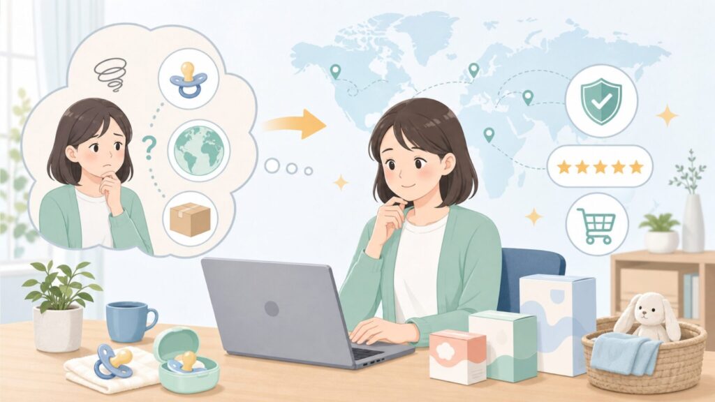 BIBSはどこの国のブランド？デンマーク発おしゃぶりの安全性と選び方の要点を表すイラスト