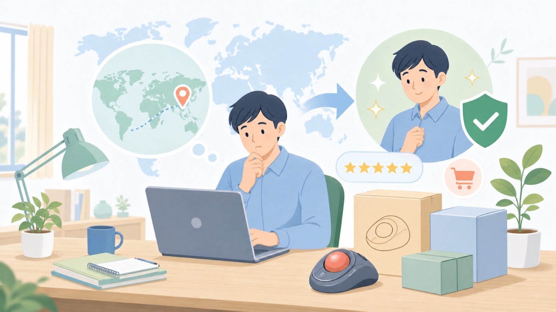 Nuleaはどこの国？中国製トラックボールを安心して買える3つの根拠の要点を表すイラスト