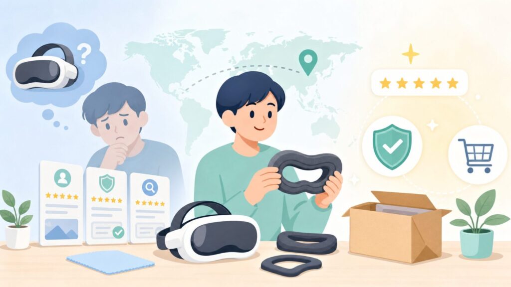 MaeckerVRどこの国？中国発アクセサリーが安心して使える本当の理由の要点を表すイラスト