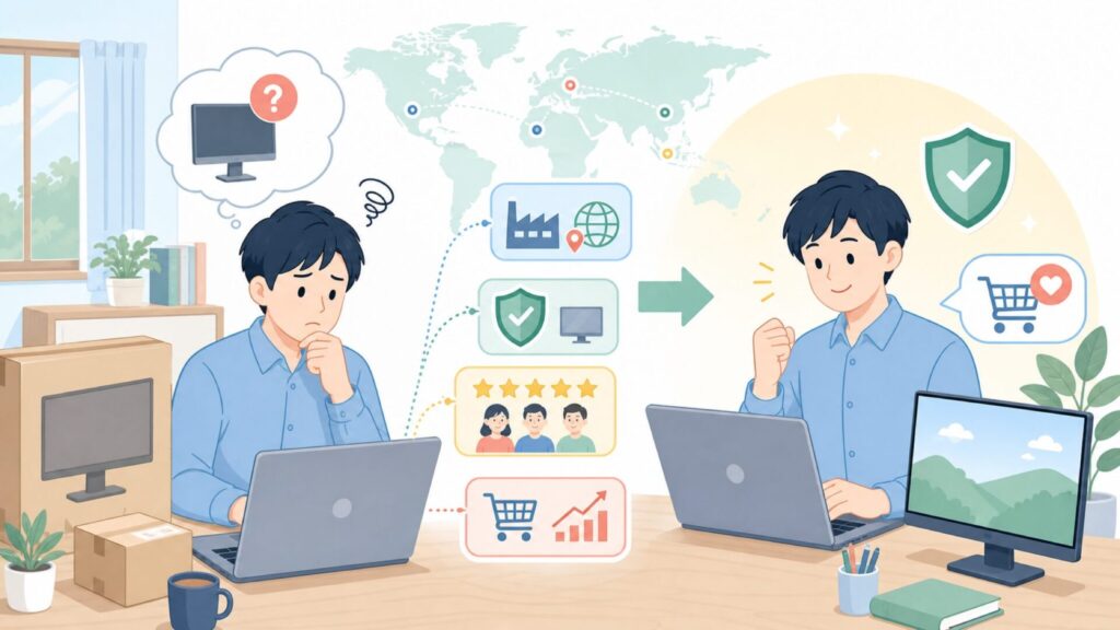 Yodoitはどこの国のブランド？中国製の信頼性とサクラレビューの真偽を徹底検証の要点を表すイラスト
