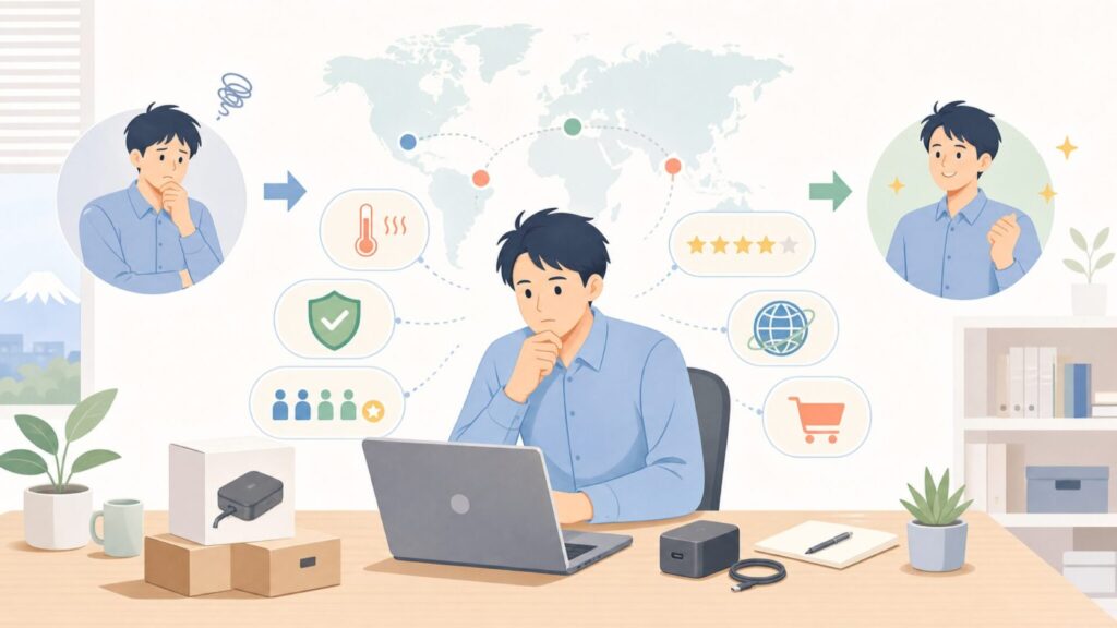LENTIONはどこの国？深センブランドの安全性・発熱・評判をすべて調査の要点を表すイラスト