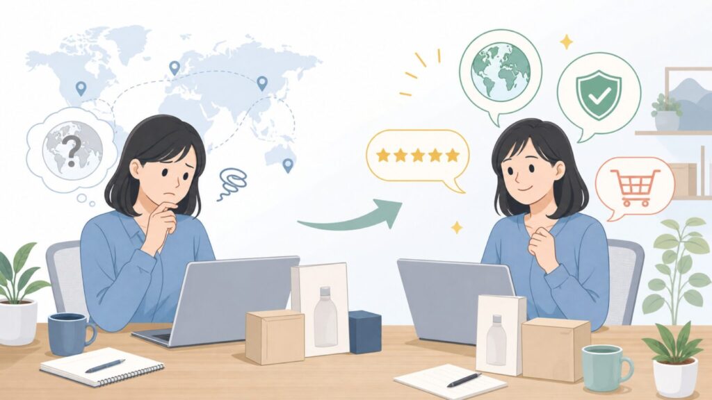 MERACHはどこの国のメーカー？中国製への不安を解消する信頼性の根拠の要点を表すイラスト