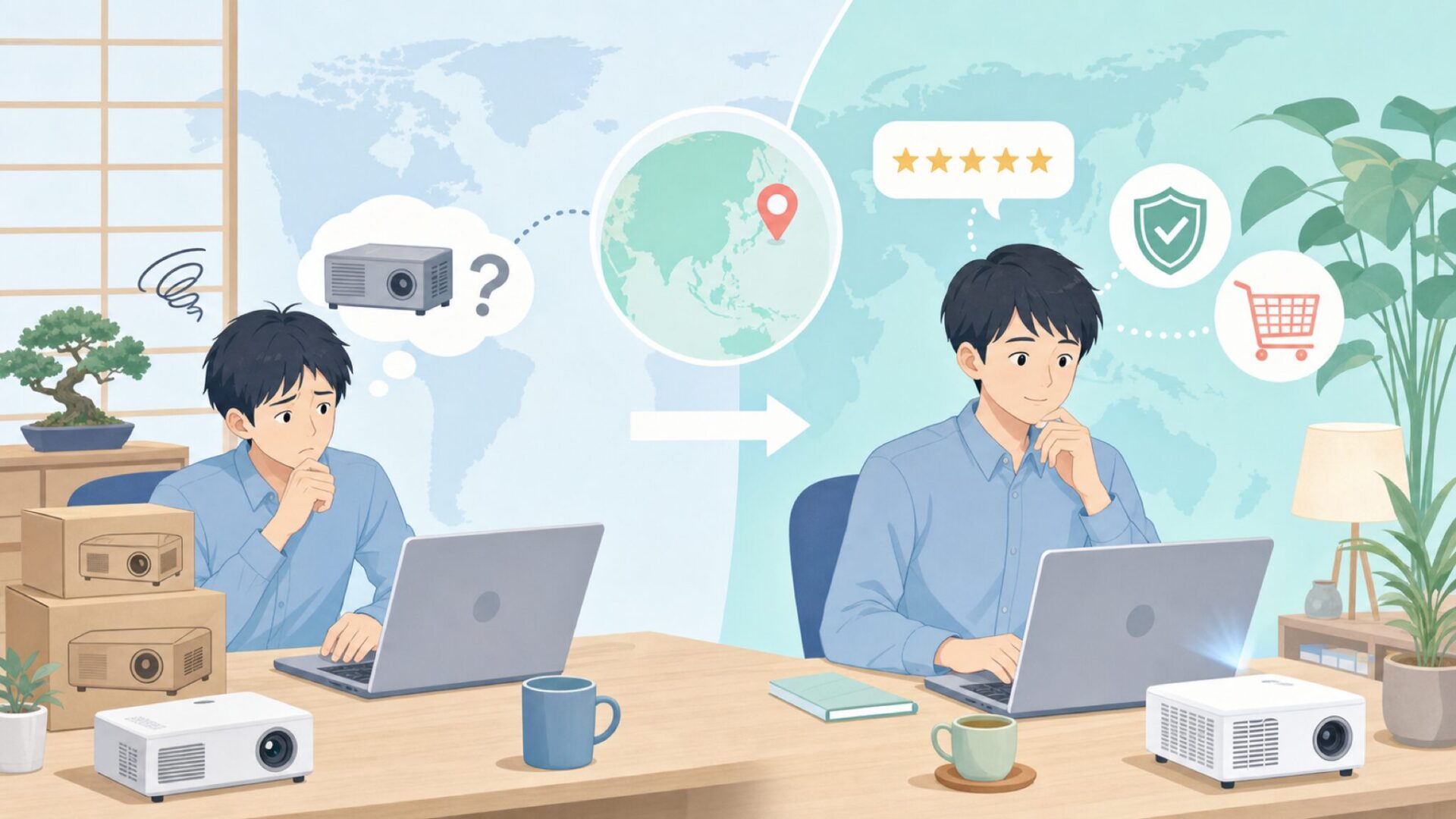 AKIYOプロジェクターはどこの国？購入前に確認したい品質と評判の真実の要点を表すイラスト