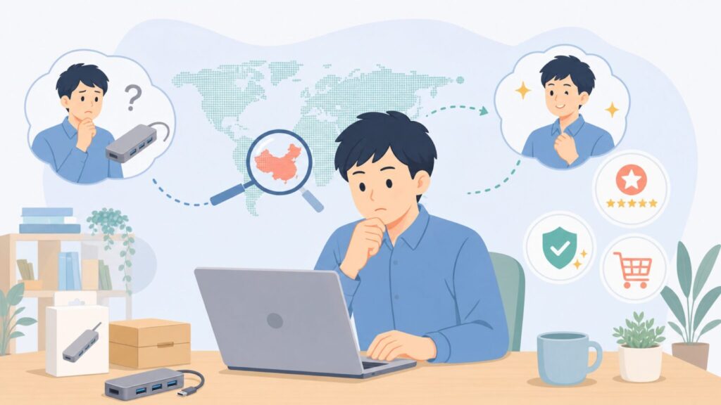 QGeeMはどこの国のブランド？中国メーカーの実力と信頼性を徹底検証の要点を表すイラスト