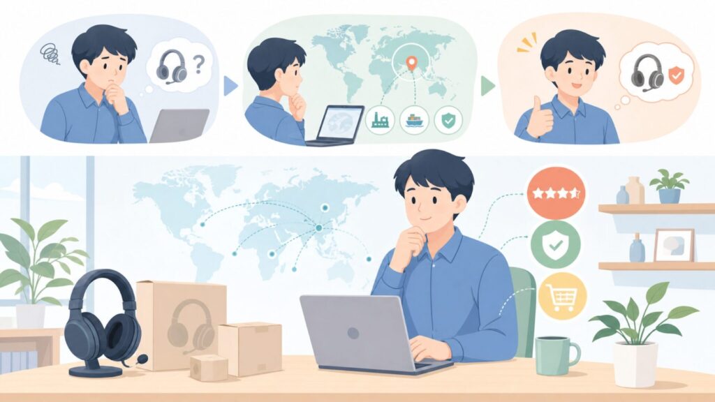 Ajazz Audioはどこの国？中国・深圳発ブランドの実力と選び方を徹底解説の要点を表すイラスト