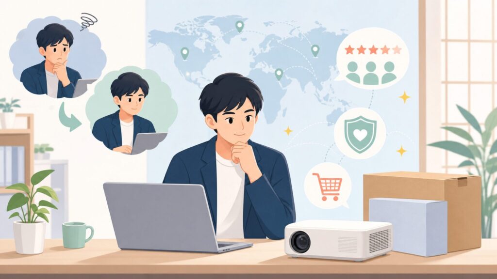 YOTONプロジェクターはどこの国？中国ブランドの正体と口コミを徹底解説の要点を表すイラスト