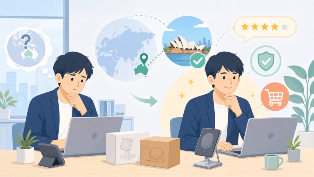 KUXIUはどこの国？シドニー発の実体を徹底解説【怪しくない理由】の要点を表すイラスト
