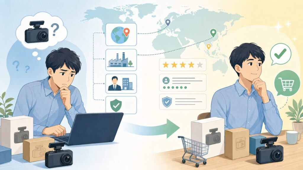 PRUVEEOはどこの国？運営会社と中国製の不安を解消の要点を表すイラスト