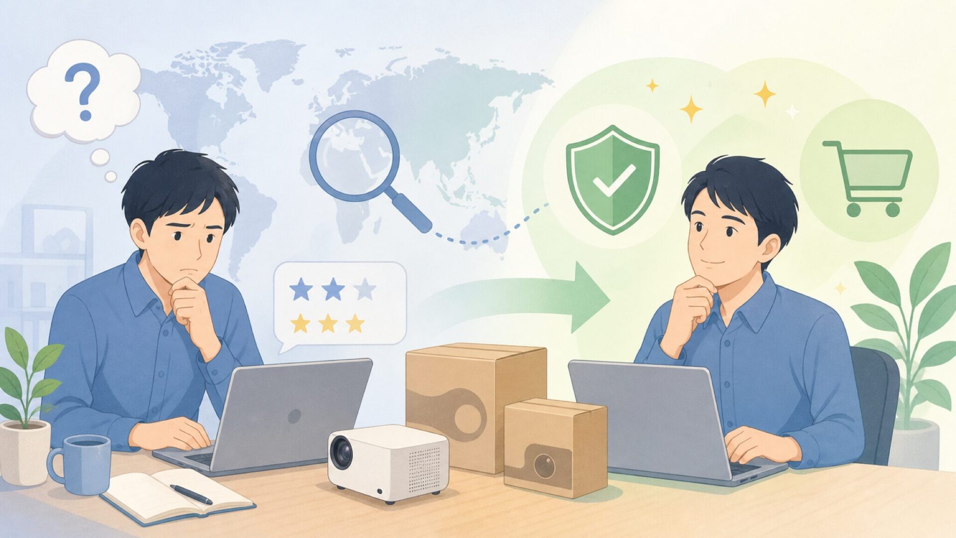 CLOKOWEはどこの国？プロジェクターの正体と信頼性を徹底調査の要点を表すイラスト