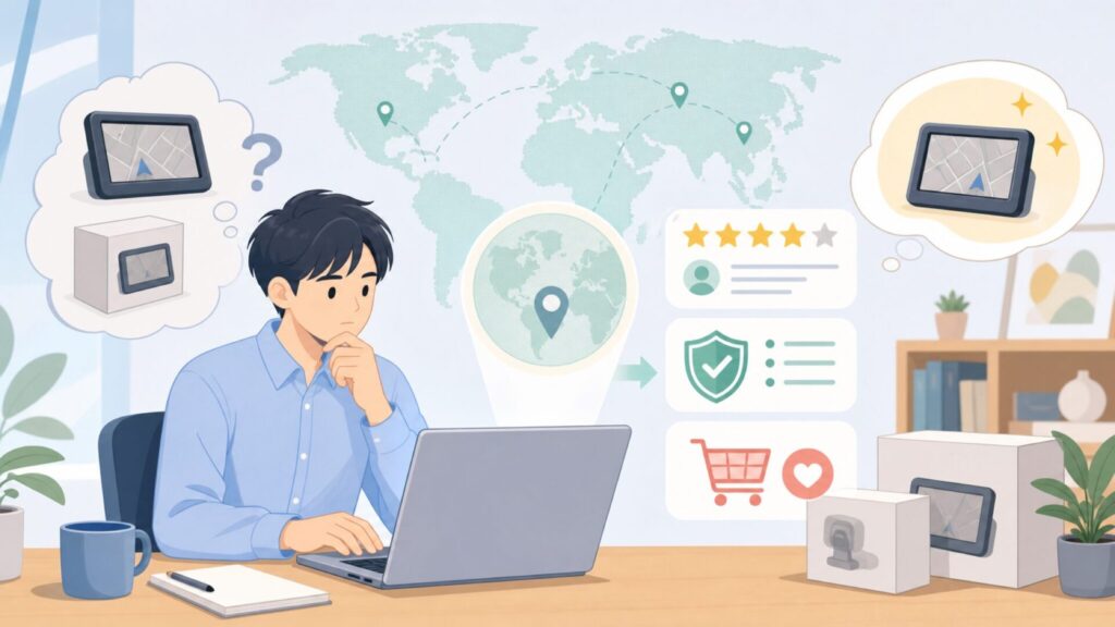 Eononはどこの国のブランド？中国製ナビの正体と後悔しない選び方の要点を表すイラスト