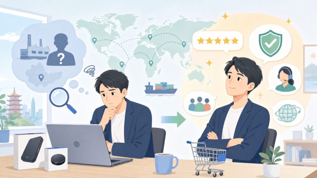Ottocastはどこの国？中国・深圳発ブランドの正体と信頼性を解説の要点を表すイラスト